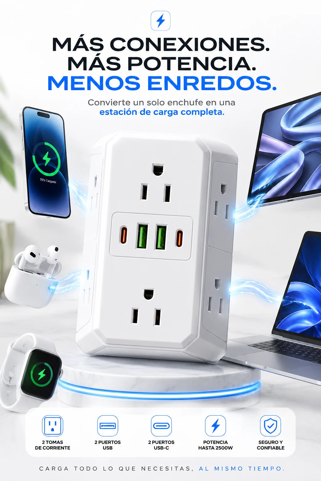 Multitoma Para Enchufe Con  Usb y Tipo C